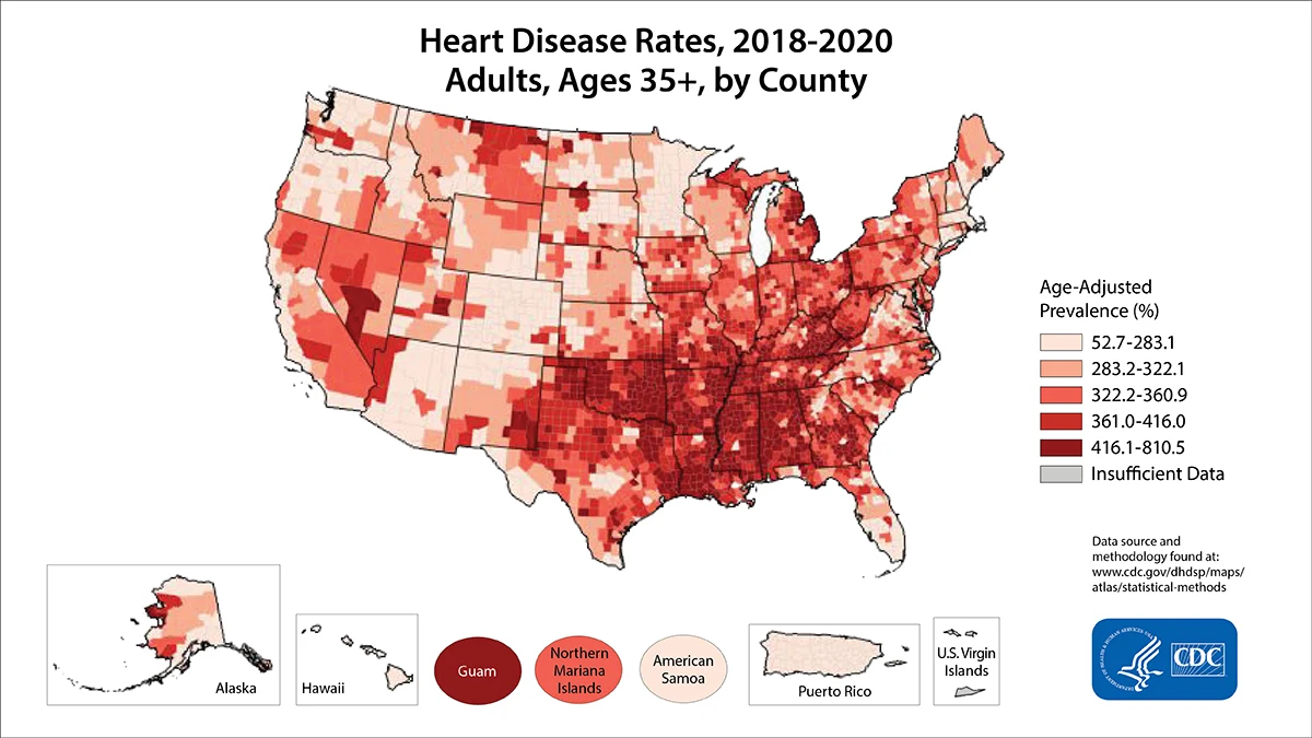 Map illustrating heart disease death rates by county in the United States from 2018&ndash;2020 for adults ages 35+.