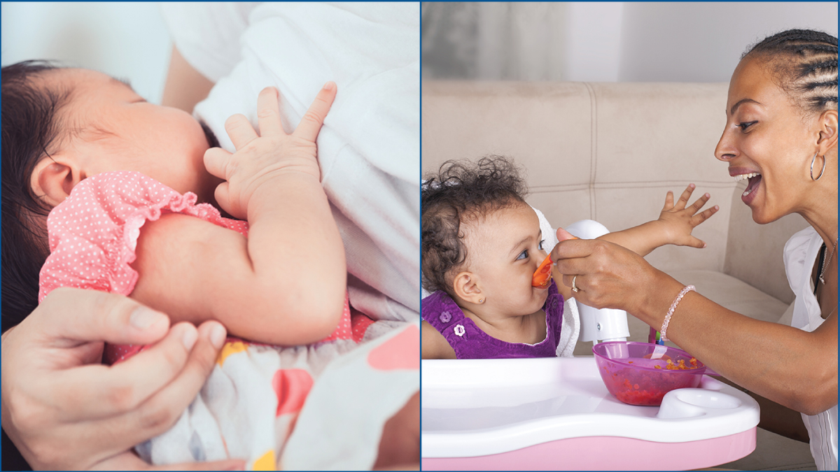 Two photos. One on left is an infant breastfeeding. One on right is a mother feeding a toddler who is sitting in a high chair.