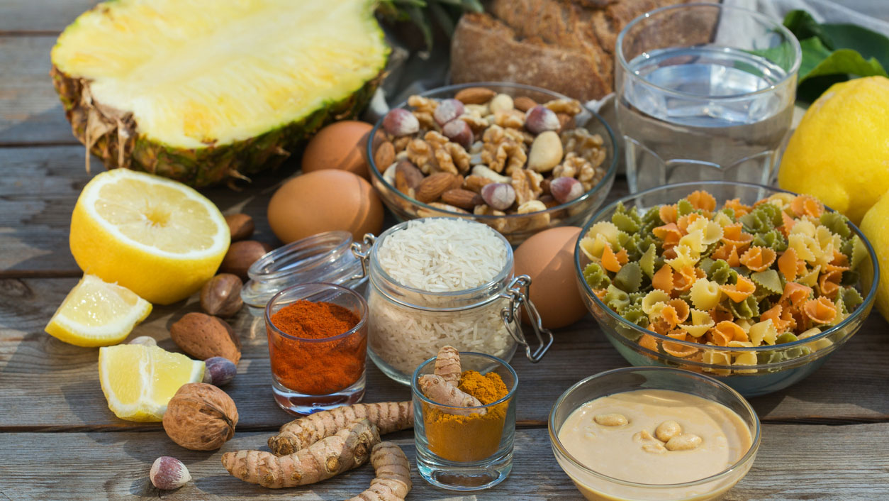 A table covered in healthy foods.